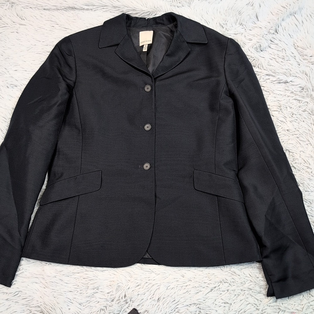 Anne Klein Jacket Womens 10 Blue Blazer Silk Coat Pockets Button Up Comfort